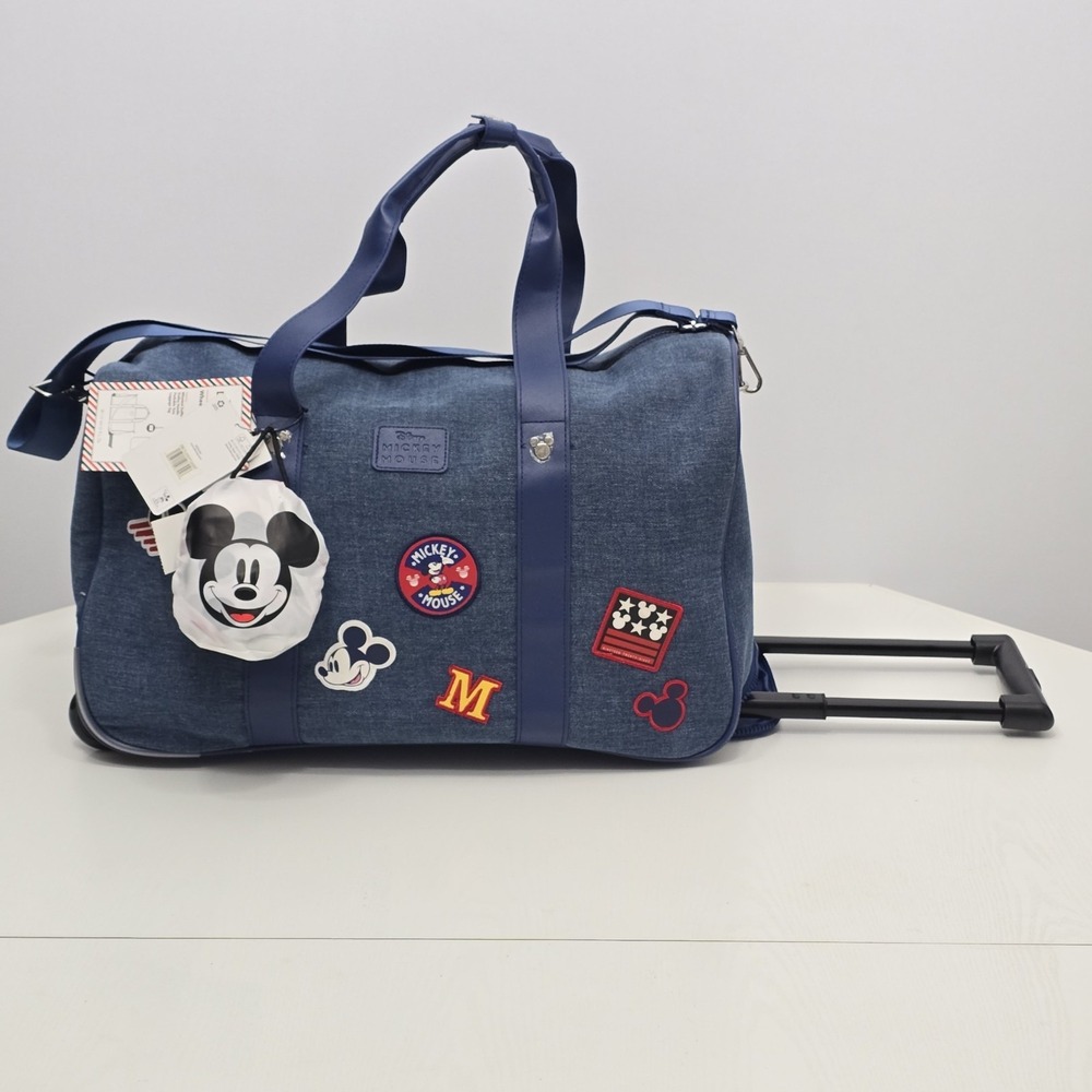 Disney Mickey Mouse Bioworld Wheeled Duffle Bag Set Blue Denim Style - Picture 5 of 13